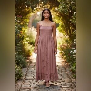 RETRO Small - Medium Maxi Dress Stretch Bust Embroidery Details Mauve Pink Lace